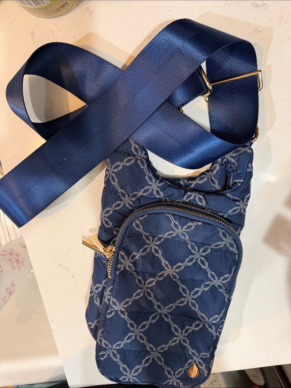 Navy Quilted Crossbody Sling Bag with Chain-Print
